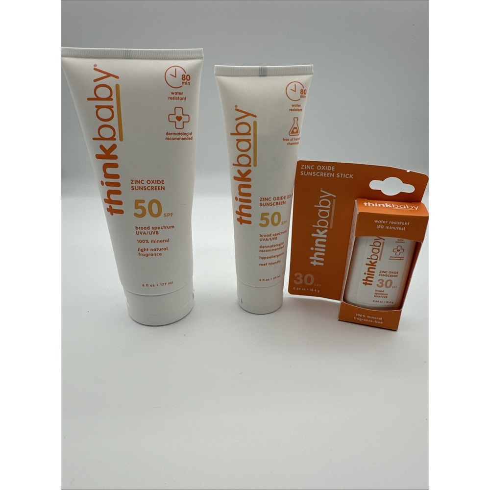 Thinkbaby Zinc Oxide Mineral Sunscreen 3pc Set SPF30 Stick SPF50 3oz &6oz Lotion